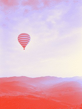 Hot-air balloon drifting over hills.